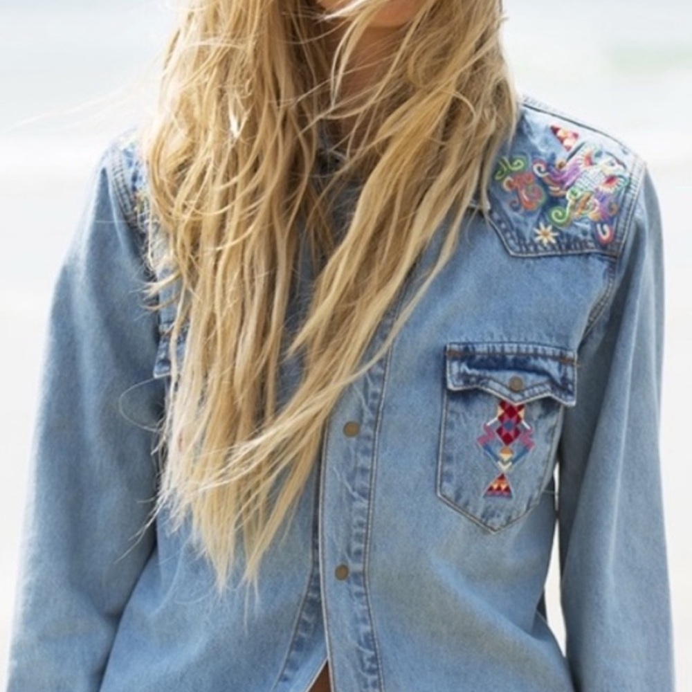 Spell Denim Button Down Shirt with Floral Embroidery